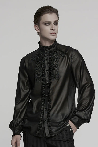 Black Stand Collar Long Sleeves Ruffle Embroidery Men's Gothic Blouse
