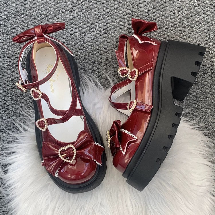 Wine Red Synthetic Leather Cross Straps Bow Lolita Shoes