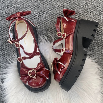 Wine Red Synthetic Leather Cross Straps Bow Lolita Shoes