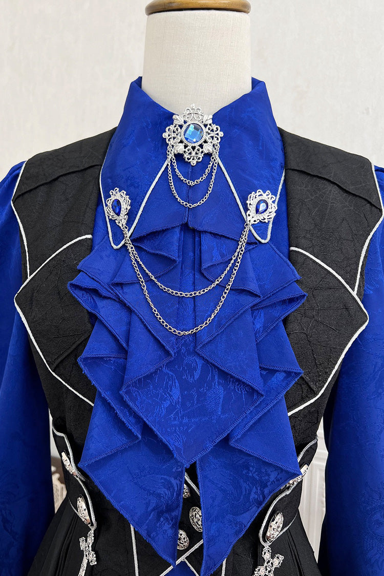 Black/Blue Courtly Knight-Style Long Sleeves Ruffle Embroidery Prince Ouji Lolita Set