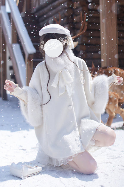 White Long Sleeves Lace Sweet Japanese Lolita Fluffy Cloak Coat