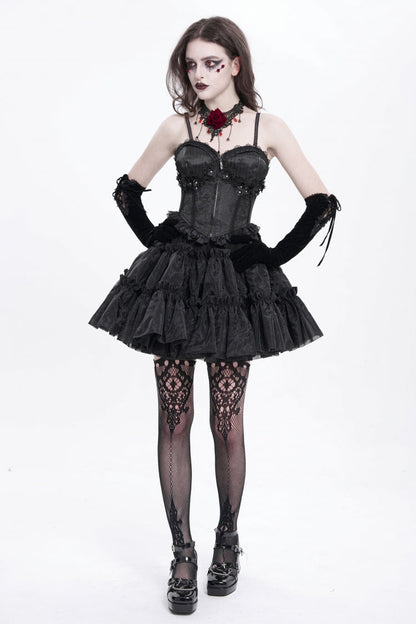 Black Sleeveless Ruffle Embroidery Lace-Up Women's Gothic Tank Top
