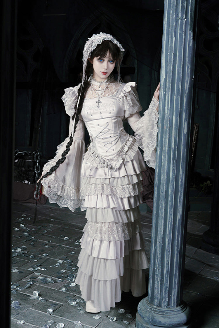 Solid Color [Bionic Doll] Square Collar Multi-Layered Ruffle Bowknot Lace-Up Gothic Lolita Fishtail Skirt Corset Set