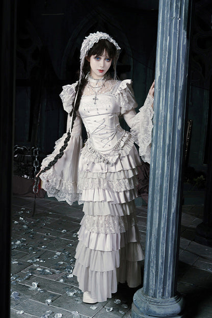 Solid Color [Bionic Doll] Square Collar Multi-Layered Ruffle Bowknot Lace-Up Gothic Lolita Fishtail Skirt Corset Set