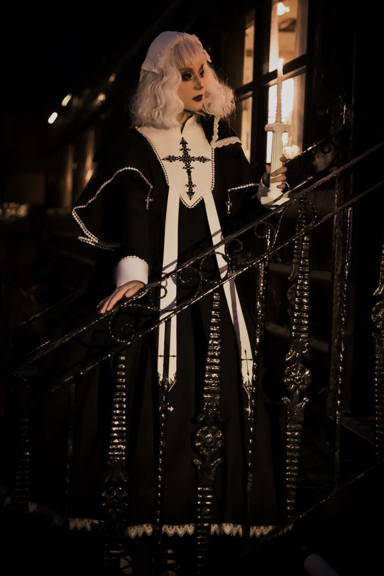 Black [Nun] Long Sleeves Print Stitching Lace Gothic Elegant Lolita Dress