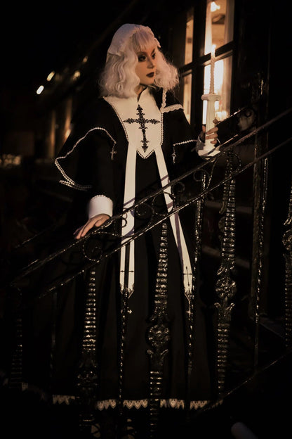 Black [Nun] Long Sleeves Print Stitching Lace Gothic Elegant Lolita Dress
