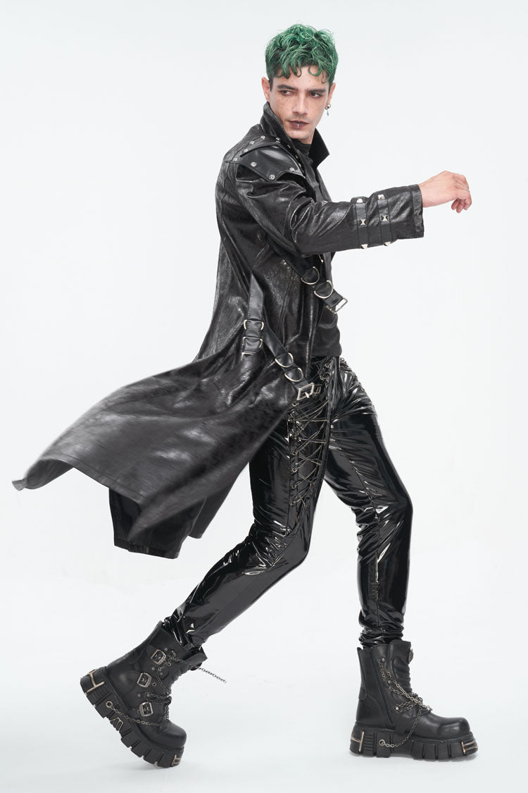 Black Stand Collar Multi Buckle Faux Long Leather Men's Punk Coat