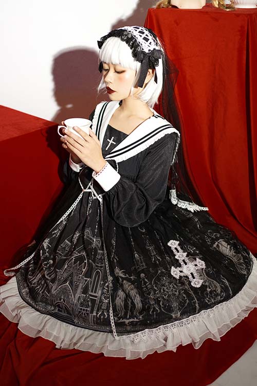 Black With Bow ON Chest Cross Print Gothic Lolita OP Dress