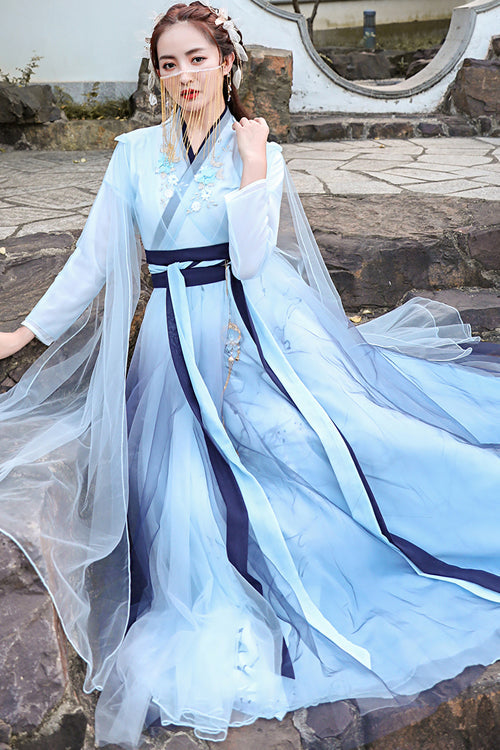 Blue Glazed Chest Embroidered Sweet Hanfu Dress