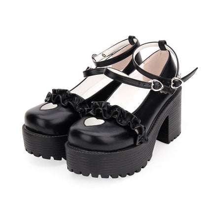 Round Toe Hollow Out Heart Shape Ruffle School Sweet Lolita Shoes