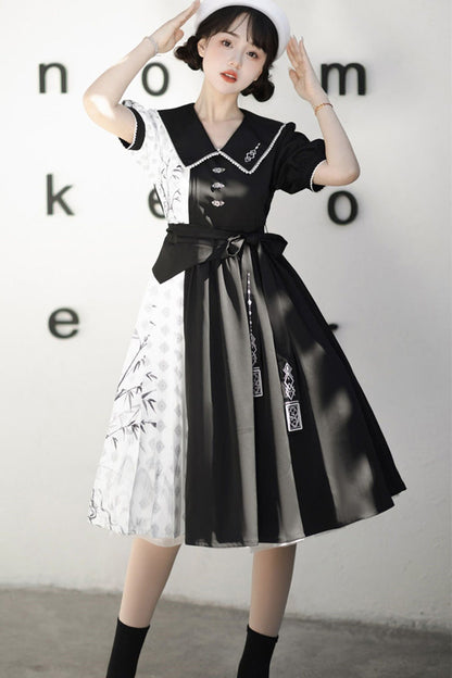 Black/White Stitching Chinese Style Bamboo Print High Waisted Sweet Lolita Dress