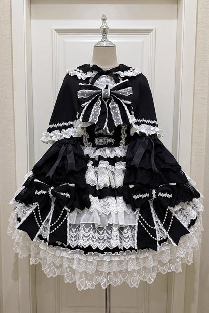Black [Knot of the Crossed Heart] Sleeveless Multi-Layered Ruffle Hanayome Cardigan Bowknot Lace Lace-Up Sweet Lolita Jsk Dress