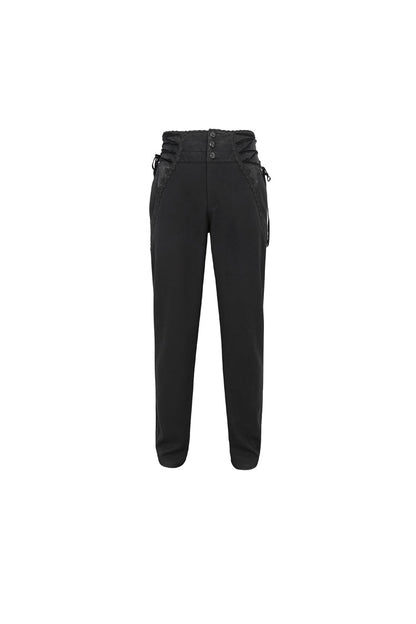 Black Lace Trim Embellished High Waisted Men's Gothic Pants