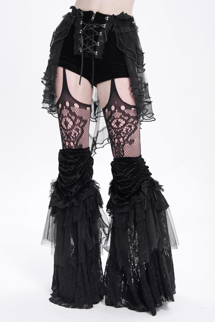 Black Ruffle Stitching Lace-Up Mesh Women's Gothic Shorts