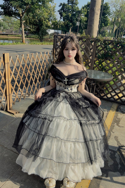 Black/White Ruffle Hanayome Lace Lace-Up Gothic Plus Size Lolita Jsk Dress (Long Version)