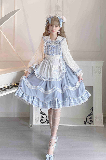 Blue Lapel Collar Bowknot Multi-Layer Ruffled Sweet Lolita JSK Dress