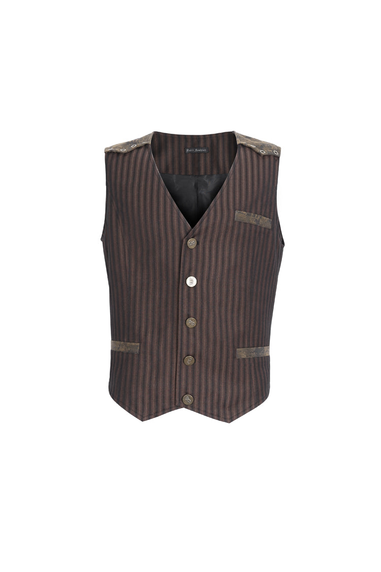 Brown Striped V Collar Stitching Slim Men's Gothic Vest