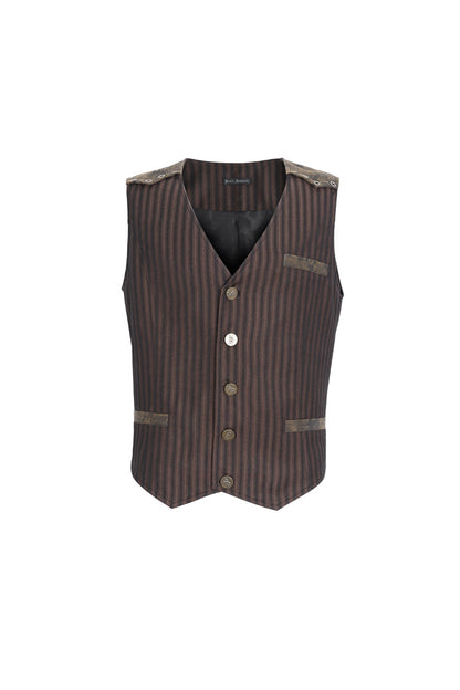 Brown Striped V Collar Stitching Slim Men's Gothic Vest