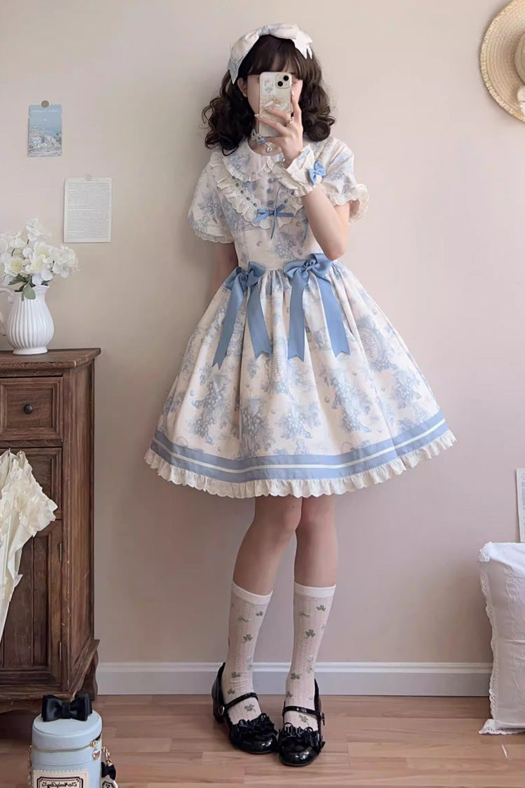 Blue [Grape Moon Almanac] Short Sleeves Multi-Layered Printed Ruffled Bow Sweet Lolita Dress