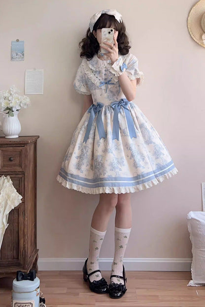 Blue [Grape Moon Almanac] Short Sleeves Multi-Layered Printed Ruffled Bow Sweet Lolita Dress