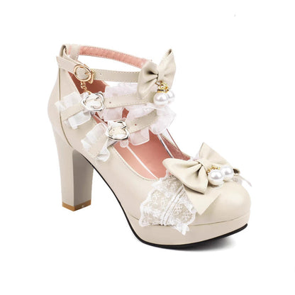 Sweet Ruffled Bow Lace Pearl-Decorated Lolita High Heels 6 Colors