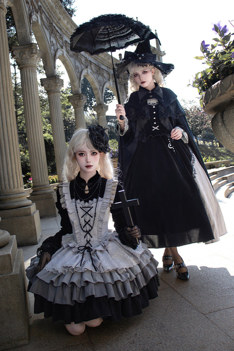 Black/Grey Witch Long Sleeves Gradient Multi-Layered Ruffle Bowknot Lace Gothic Chinese Style Lolita Dress