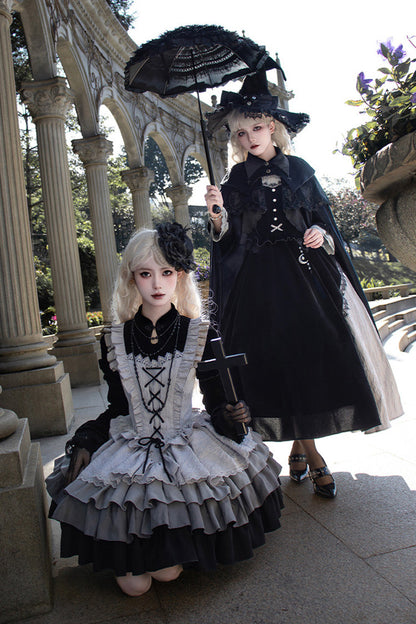 Black Witch Long Sleeves Ruffle Bowknot Stitching Lace Gothic Lolita Long Dress