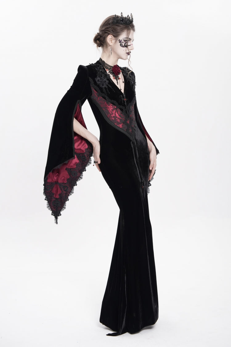 Black/Red V Collar Long Trumpet Sleeves Floral Embroidered Velvet Women's Gothic Dress