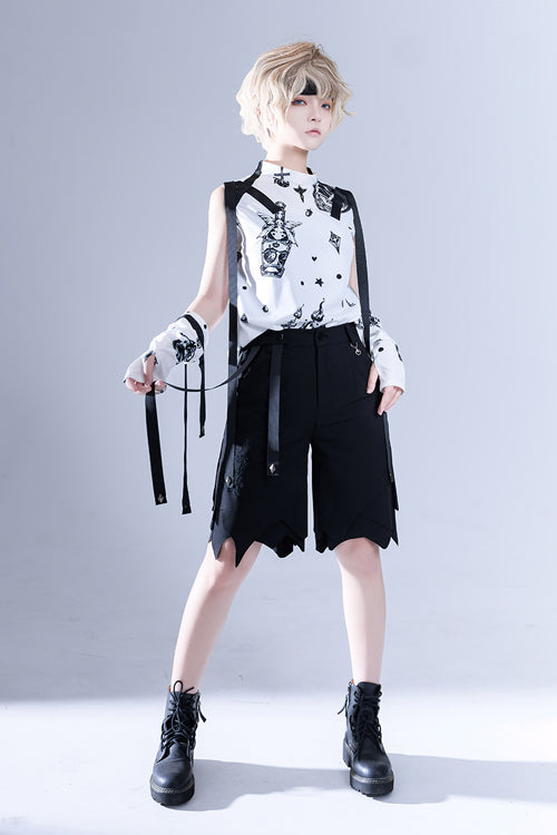 White Round Collar Spooky Shadow Printing With Hand Sleeves Ouji Lolita Sleeveless
