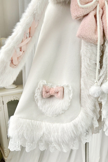 Ivory Cloud-Like Plush Bunny Ear Embroidered Bow Lace Sweet Lolita Cape Coat