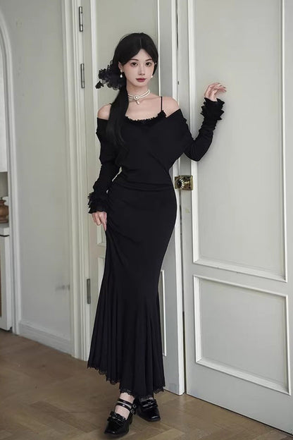 Black [Secret Crush] Long Sleeves Stretch Knit Slim Gothic Lolita Fishtail Dress