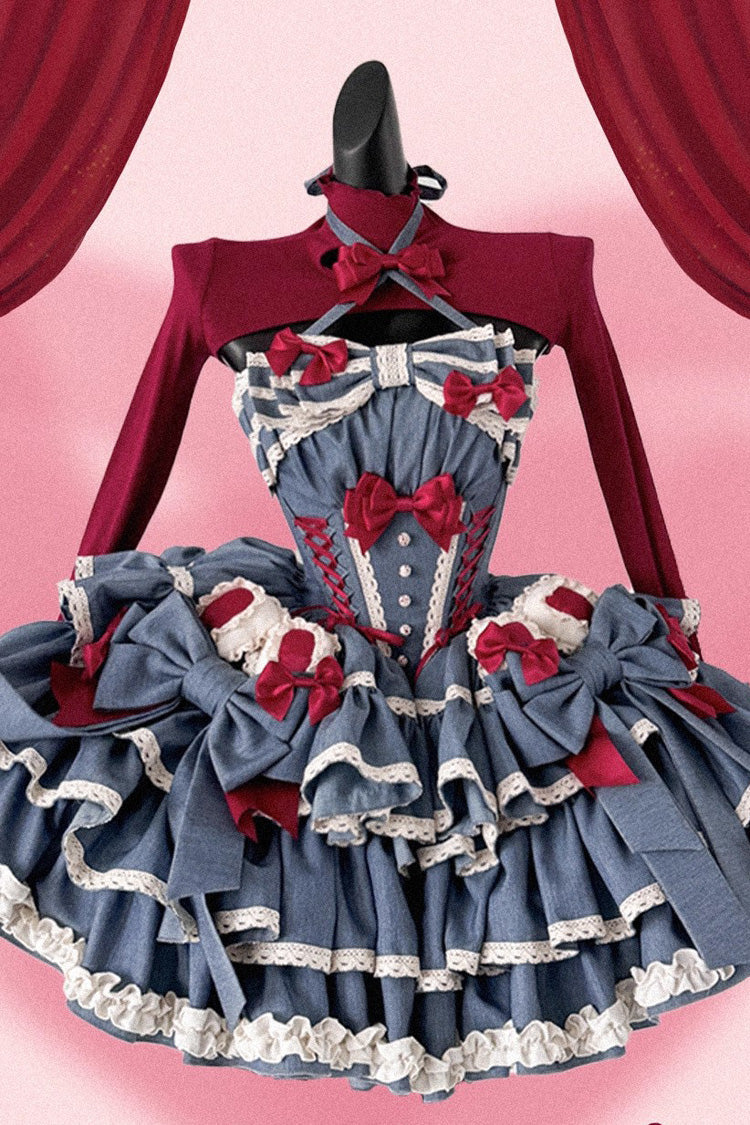 Blue [Milk Rabbit Theater] Halterneck Sleeveless Triple-Layered Ruffle Bowknot Lace-Up Sweet Lolita Jsk Dress