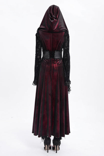 Red Long Sleeves Hollow Embroidery Hooded Ripped Women's Gothic Dress Coat