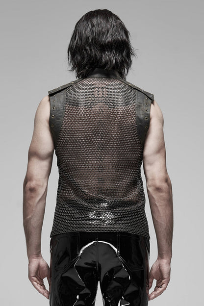 High Collar Sleeveless Rivet Decoration Sheer Mesh Men's Steampunk Vest 2 Colors