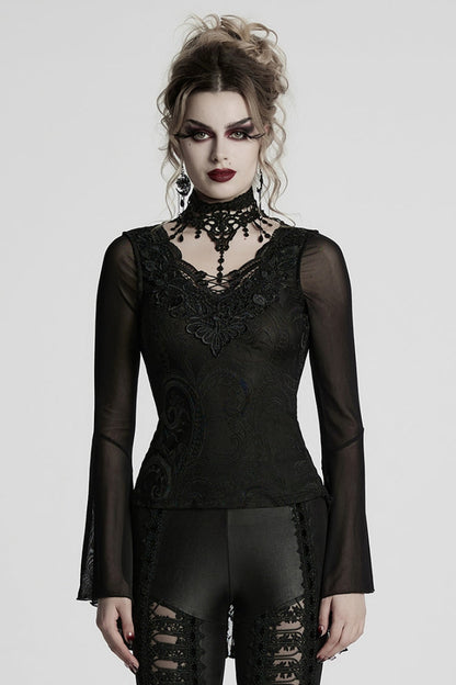 Black V Collar Embroidery Lace Lace-Up Women's Gothic Blouse