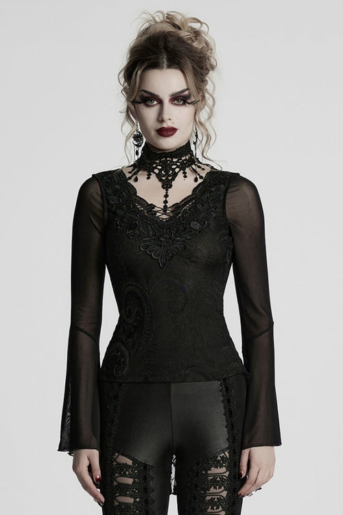 Black V Collar Embroidery Lace Lace-Up Women's Gothic Blouse