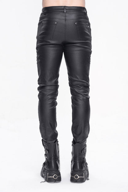 Black Studded Lace Up Leather Men's Punk Pants