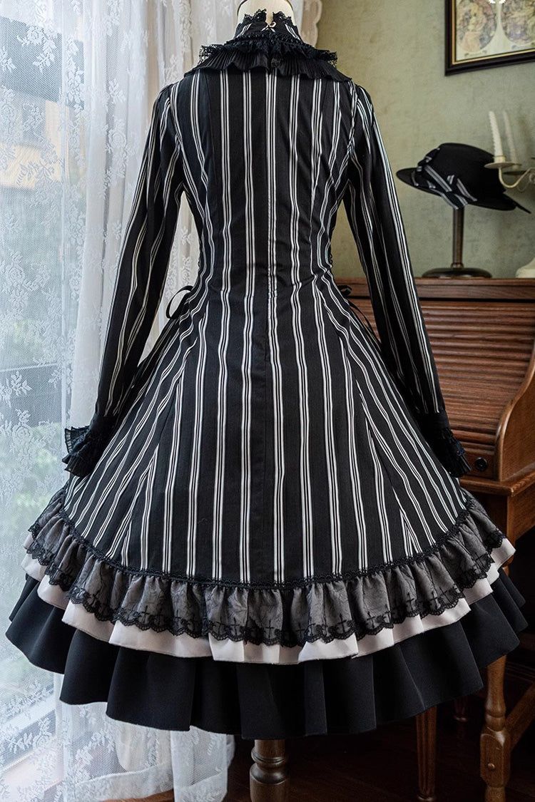 Black Stand Collar Long Sleeves Multi-layer Striped Print Ruffle Gothic Lolita Dress
