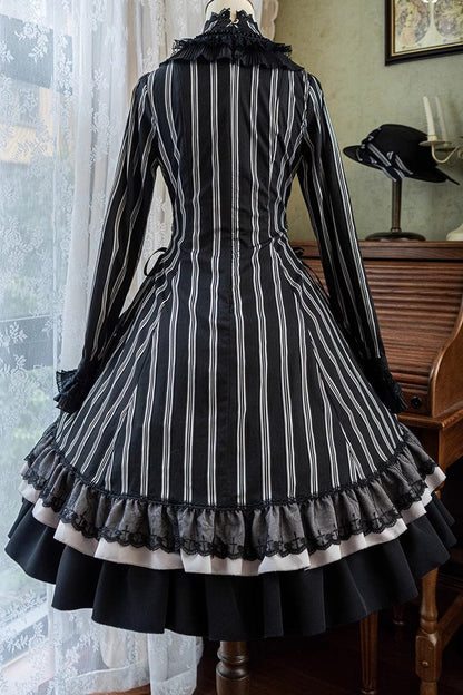 Black Stand Collar Long Sleeves Multi-layer Striped Print Ruffle Gothic Lolita Dress