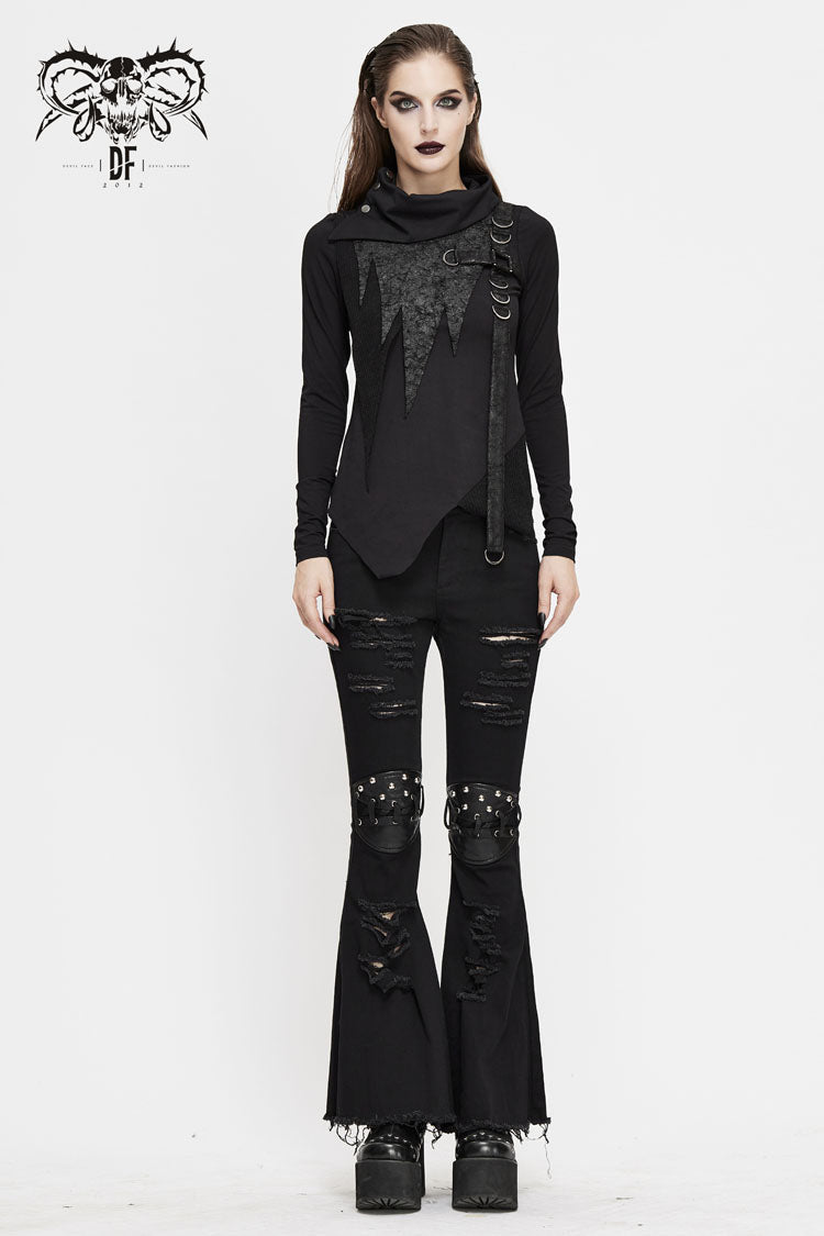 Black Worn Out Cross Shaped Hasp Long Sleeve High Collar Asymmetric Hem Women's Punk T-Shirt