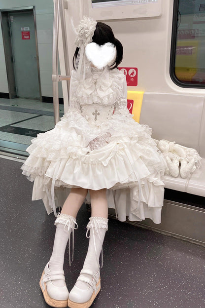 White [Eternal Taboo] Long Hime Sleeves Ruffled Bow Gothic Lolita Skirt Dress Set