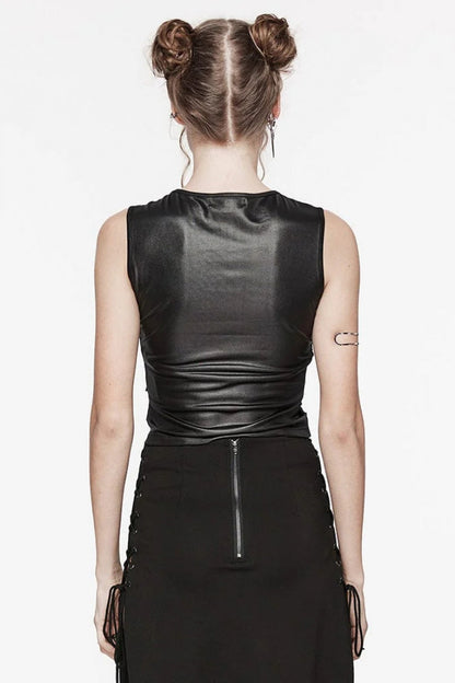 Black Round Collar Sleeveless Stitching Mesh Ripped Women's Punk Tank Top