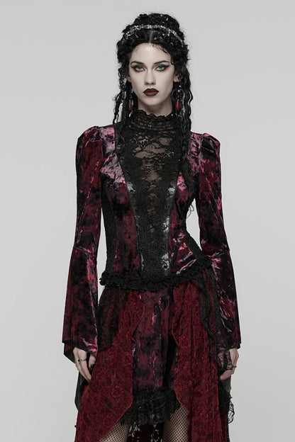 Black/Red Long Trumpet Sleeves Spliced Lace Lace-Up Women's Gothic Blouse
