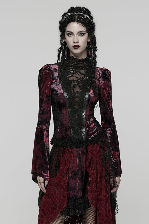 Black/Red Long Trumpet Sleeves Spliced Lace Lace-Up Women's Gothic Blouse