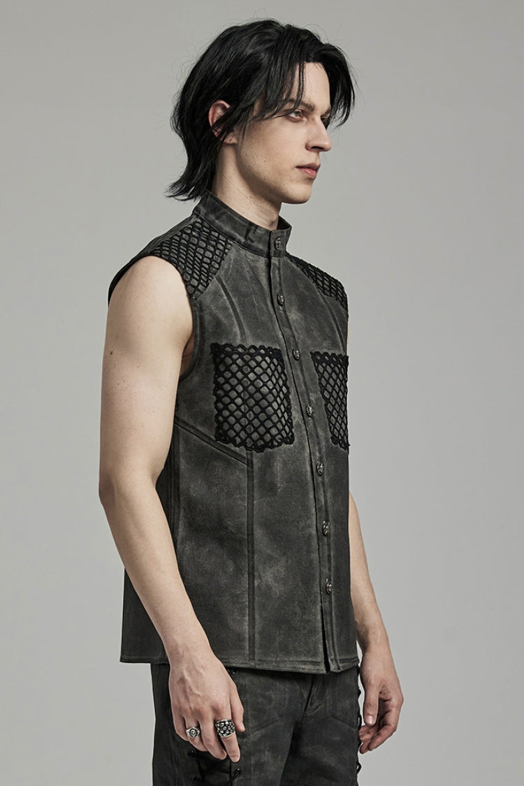 Grey Stand Collar Stitching Men's Punk Vest
