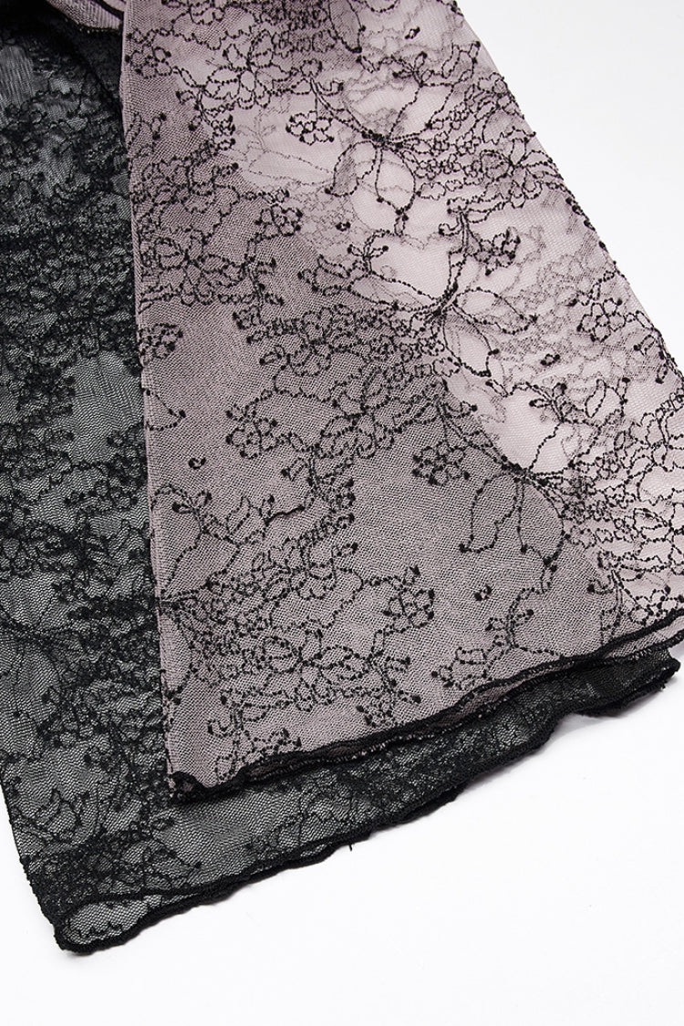 Pink/Black Gothic Lace Stitching Simple Sexy Style Thin See Through Horn Long Sleeved Women's T-Shirt