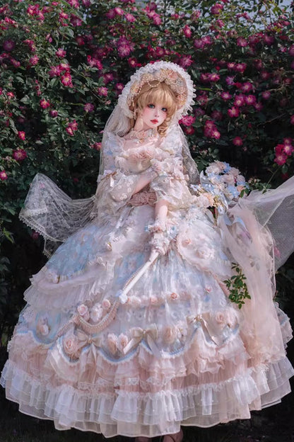 Blue/Pink [Rose Blossom Banquet] Multi-Layered Printed Ruffled Hanayome Bow Lace Sweet Plus Size Princess Gorgeous Lolita Dress