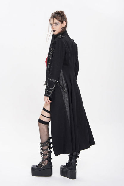 Black Stand Collar Long Sleeves Buckle Chain Women's Punk Jacket