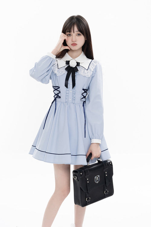 Blue Lapel Collar Long Sleeves Bowknot Lace-Up Jirai Kei Dress