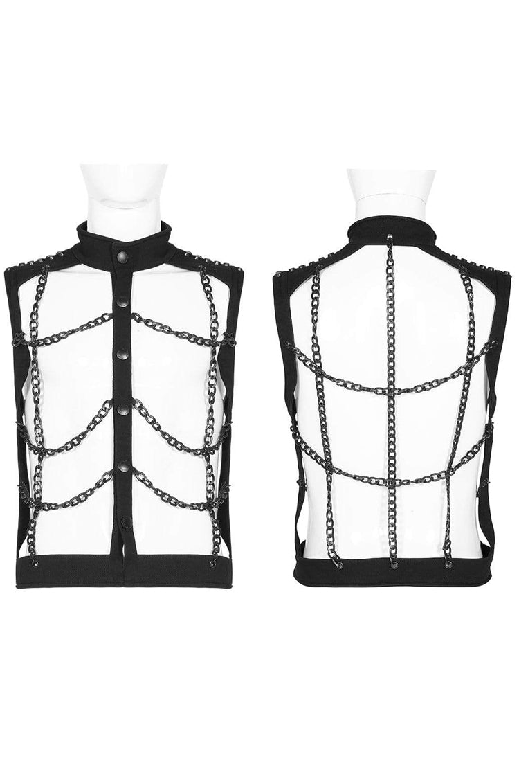 Black Stand Collar Single-breasted Metal Rivet Chain Decoration Hollow Mens Steampunk Vest